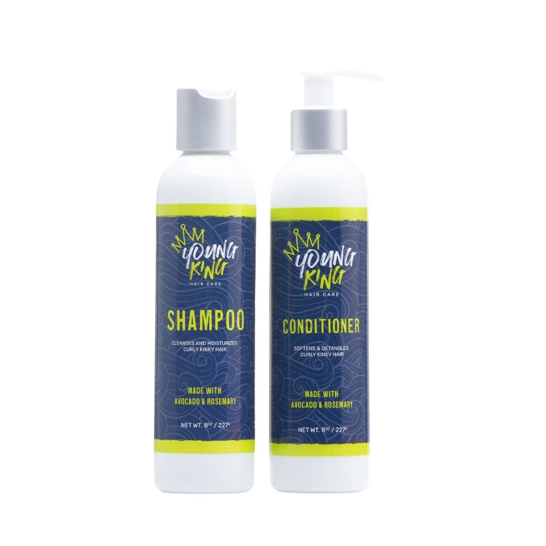 YOUNG KING HAIR CARE Shampoo and Conditioner Set for Kids Hair Wash and Detangle Natural Curls Made with Shea Butter, Coconut and Rosemary Oil 8 oz Each
