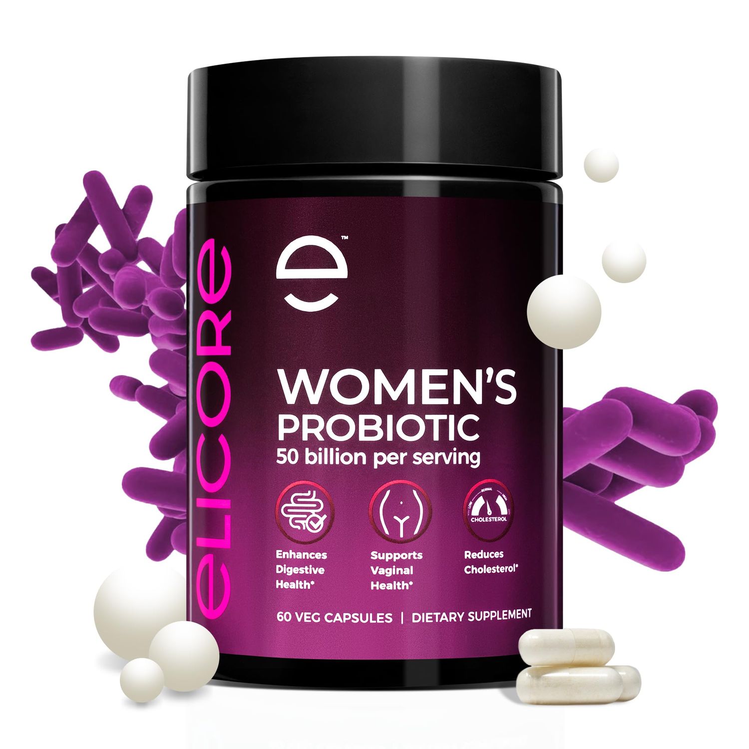 ELICORE Probiotics for Women 50 Billion CFU - Lactobacillus for Digestive Vaginal Health - Non-GMO, Gluten-Free Blend with MAKTREK Bi-Pass Technology - Vaginal Probiotics - 60 Veg Capsules