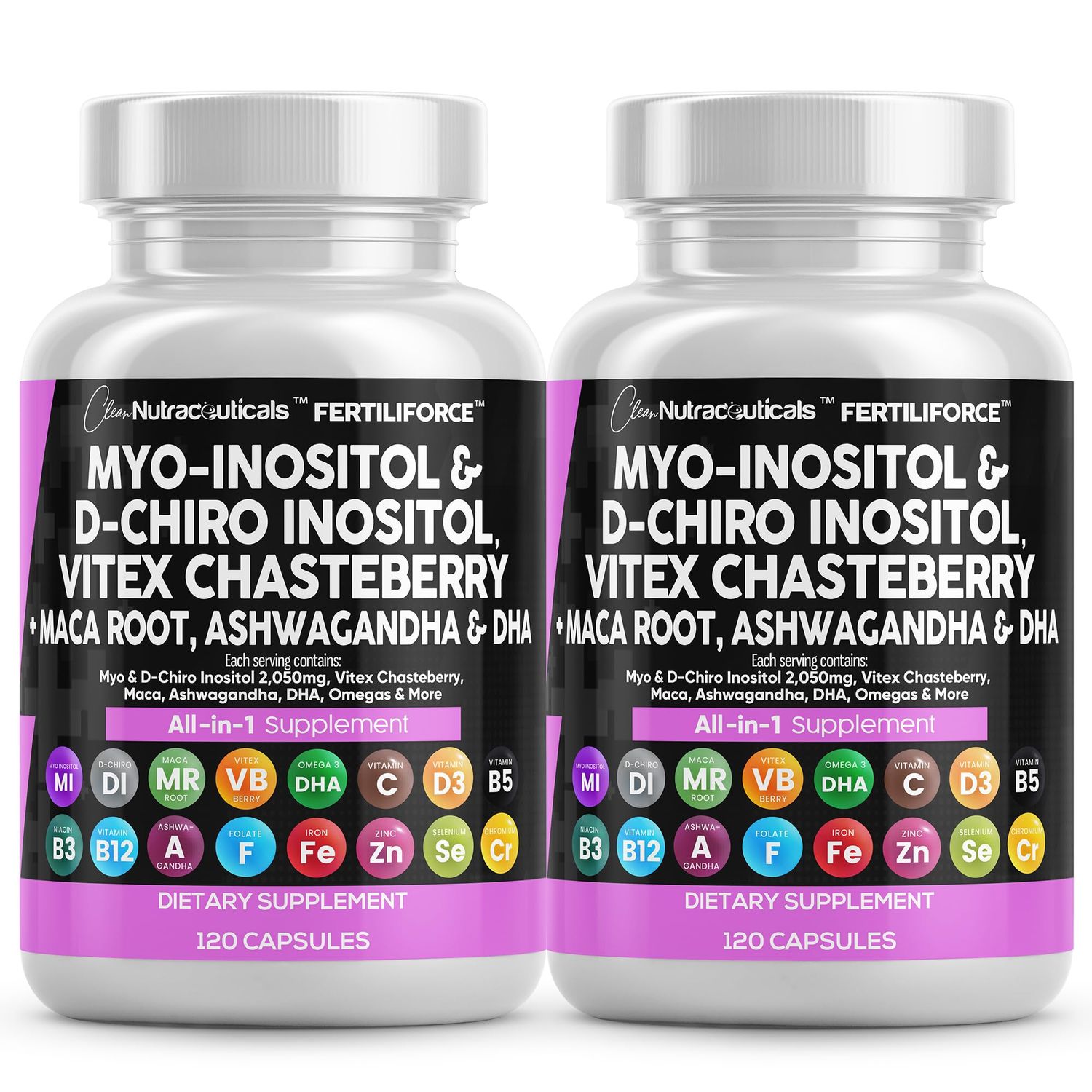 Myo-Inositol D-Chiro Inositol 2050mg Fertility Supplement 40:1 Ratio - Prenatal Vitamins for Women with Ashwagandha Maca Root Vitex Chasteberry Iron DHA Folic Acid DIM Zinc - 2Pack