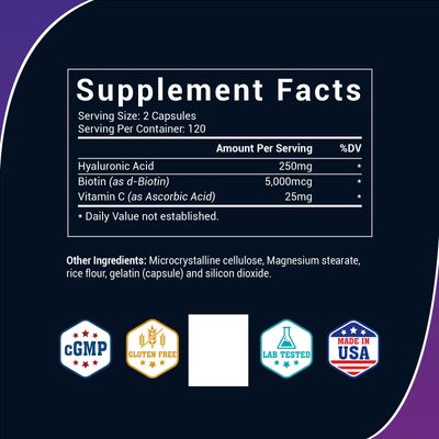 BIO NUTRI Hyaluronic Acid Supplements 250mg240 Capsuleswith Biotin 5000mcg Vitamin C 25mg - Skin, Hair Joint 3 in1 Support