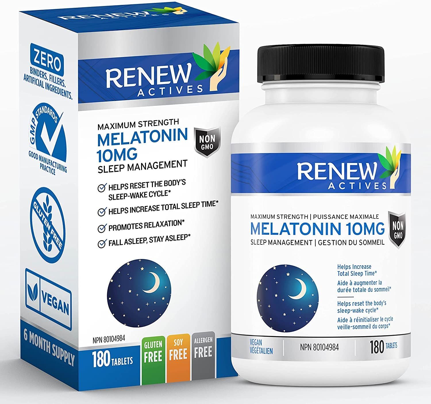Renew Actives Melatonin 10mg per Serving - Promotes a Deeper, Longer Ideal for Sleep Management, Jet Lag to Reset Your Sleep Cycle - Made in Canada - 180 Tablets