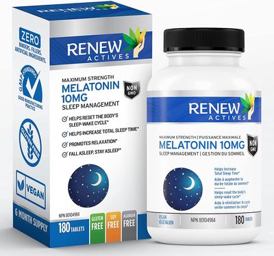 Renew Actives Melatonin 10mg per Serving - Promotes a Deeper, Longer Ideal for Sleep Management, Jet Lag to Reset Your Sleep Cycle - Made in Canada - 180 Tablets