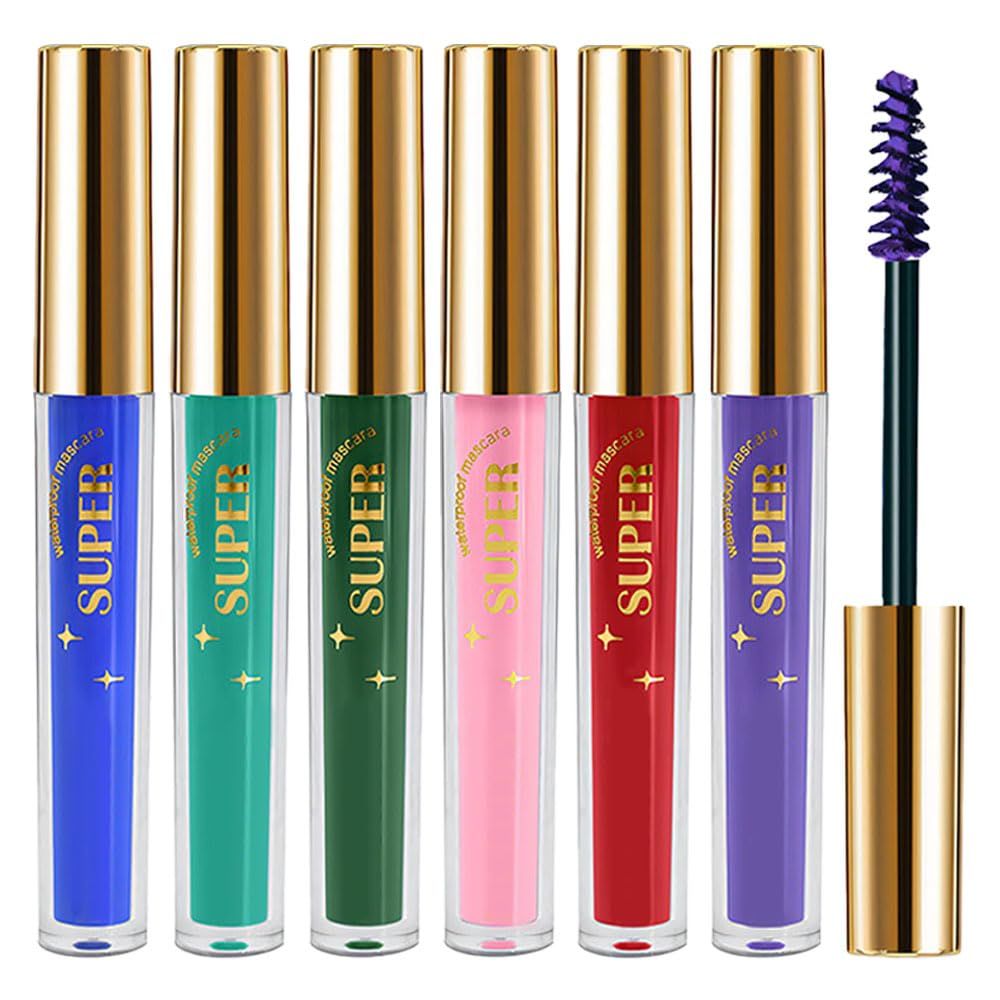 Waterproof 6PCS Colorful Voluminous Mascara Set - Lengthening, Defining, Curling, Multiplying Formula (Cruelty-Free)-Blue Purple Pink Green Red Teal Colored Mascara Eyelash Makeup Pack, Festival Gift