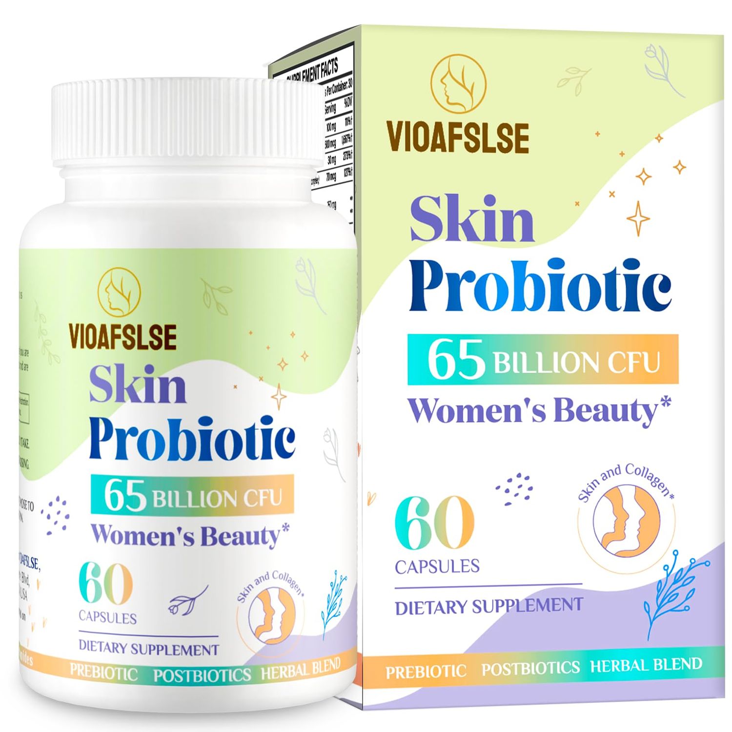 Beauty Probiotics for Women, Collagen Boost with 3-in-1 Complete Prebiotics, Postbiotics Probiotics for Hair, Skin, Nails Vaginal Health - 65 Billion CFU, Ceramides, Resveratrol CoQ10, 60 Caps