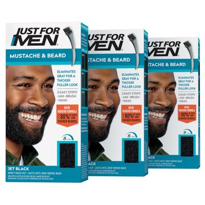 Just For Men Mustache Beard, Beard Coloring for Gray Hair with Brush, With Keratin Biotin Aloe and Coconut Oil for Healthy Facial Hair - Jet Black, M-60, Pack of 3 (Packaging May Vary)