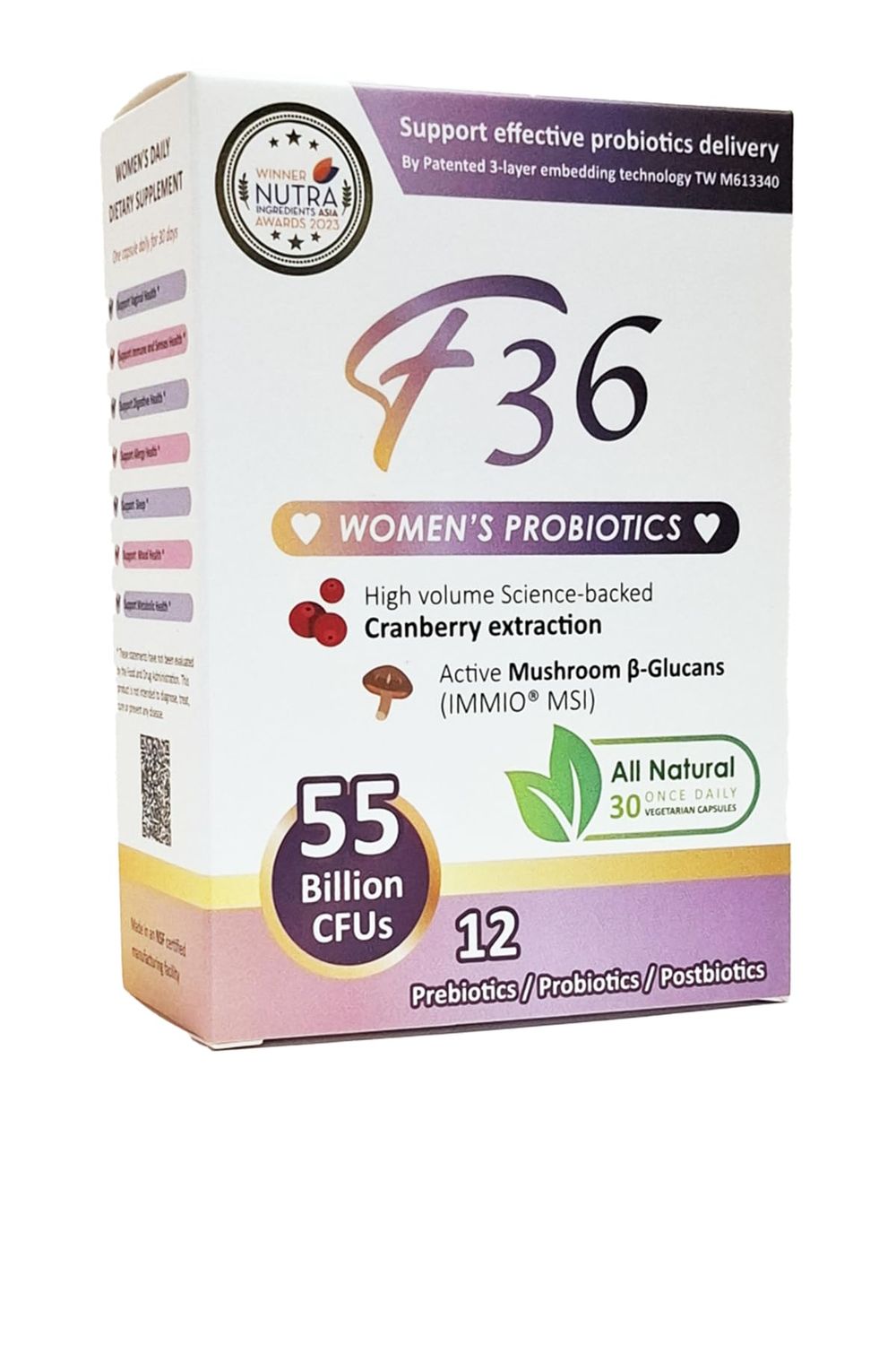 F36 Probiotics 55 Billion CFU Support Vaginal, Immune, Digestive, PH Balance. Promote Sleep and Relief Allergy. All Natural Ingredients with -Glucan, Cranberry - 30 Capsules