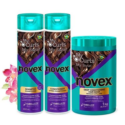 Novex My Curls Shampoo, Conditioner Hair Mask Bundle - Infused with Pure 7 Nutritional Oils Cranberry (Suitable for All Curls) - Moisturizing Treatment - Reduces Frizz, Adds Softness