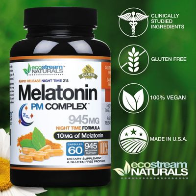 ecostream Naturals Night Time Melatonin PM Complex 10mg - Rapid Release - Plus Magnesium - Gluten Free