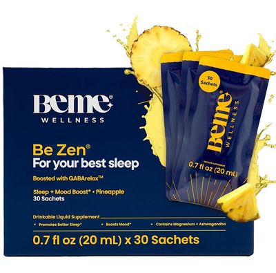 BeMe Be Zen Magnesium Sleep Drink - Relaxing Liquid Magnesium Glycinate L-Theanine Sleep Aid Supplement with Ashwagandha, GABA Chamomile (30 Sachets, Pineapple)