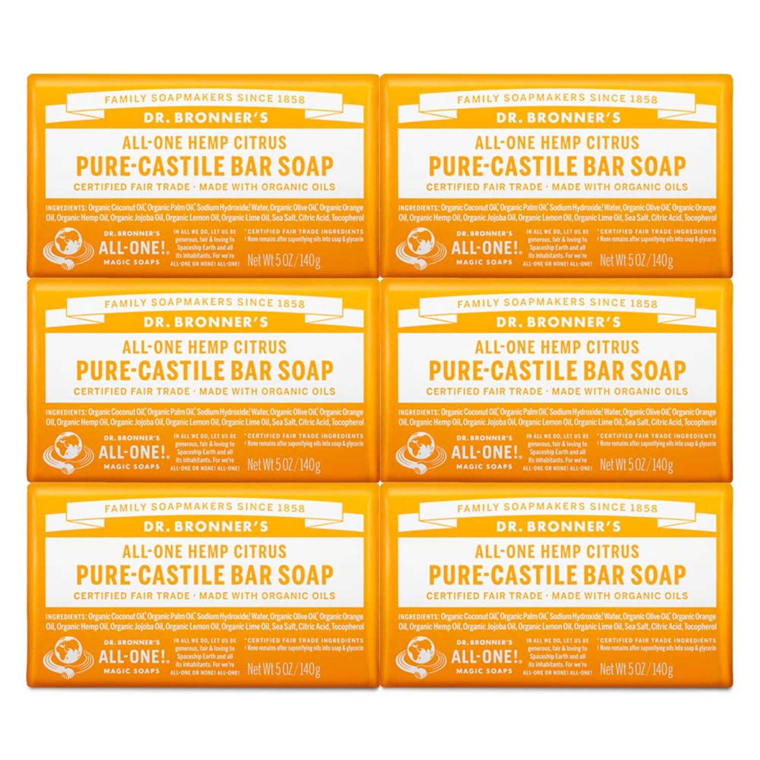 Dr. Bronner&#39;s - Pure-Castile Bar Soap (Citrus, 5 ounce, 6-Pack) - Made with Organic Oils, For Face, Body and Hair, Gentle and Moisturizing, Biodegradable, Vegan, Cruelty-free, Non-GMO