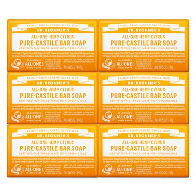 Dr. Bronner&#39;s - Pure-Castile Bar Soap (Citrus, 5 ounce, 6-Pack) - Made with Organic Oils, For Face, Body and Hair, Gentle and Moisturizing, Biodegradable, Vegan, Cruelty-free, Non-GMO