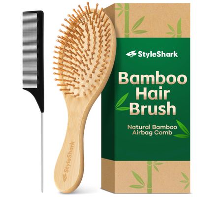 StyleShark Bamboo Paddle Brush - Scalp Massager for Hair Growth, Suitable for Men, Women, and Kids with Curly, Thin, Long, Short, Wet or Dry Hair