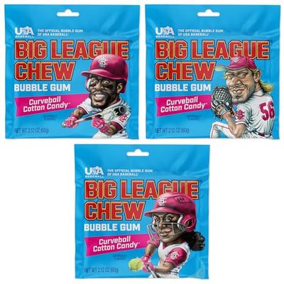 Big League Chew Cotton Candy Bubble Gum 3-Pack - 2.12oz Packets - Curveball Cotton Candy Baseball Gum - Big League Chew Baseball Sweet Set for Treats, Party Favors More