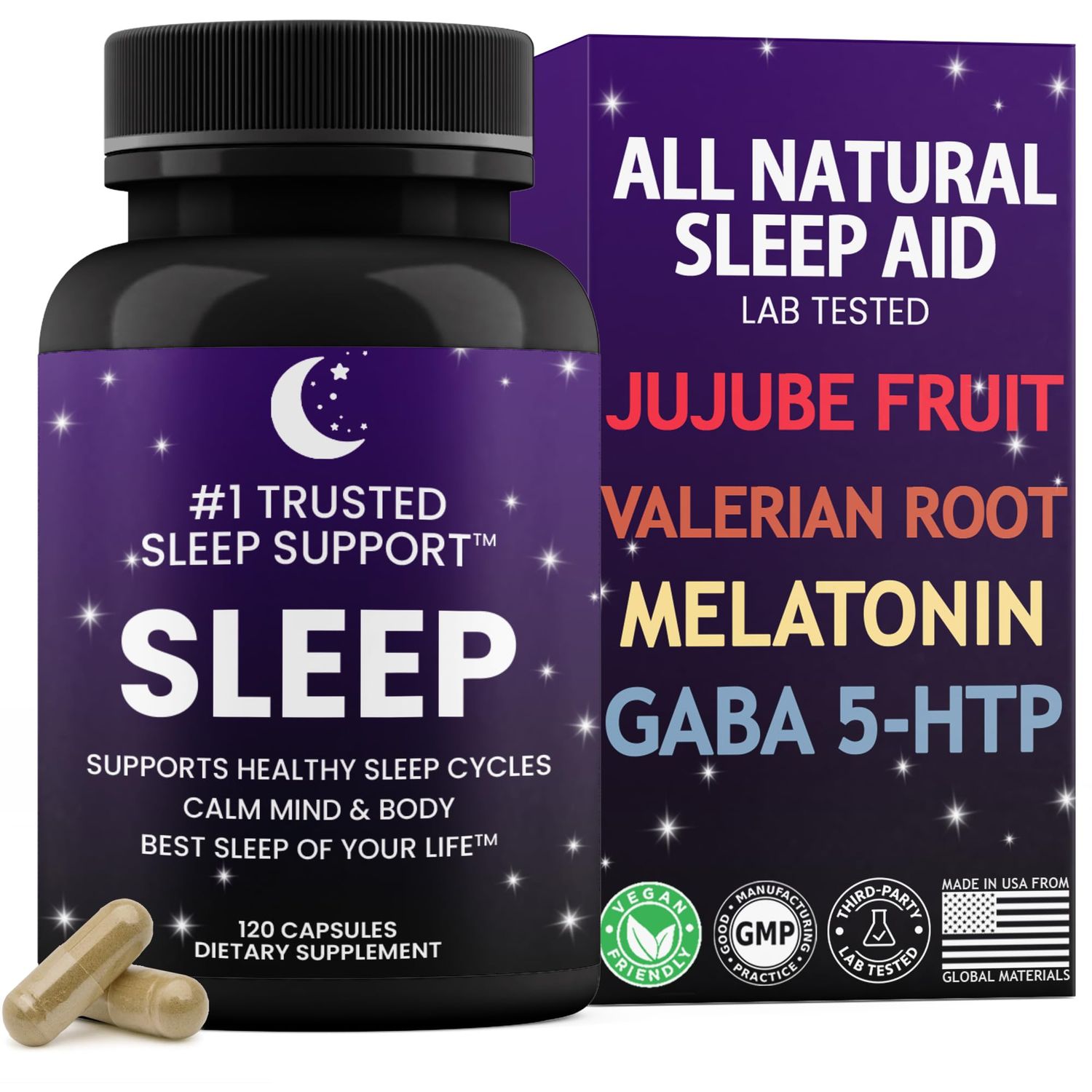 Natural Sleep Aid for Adults Best Sleep of Your Life Valerian Root GABA 5-HTP Melatonin 120 Non-Habit Forming Capsules Lab Tested