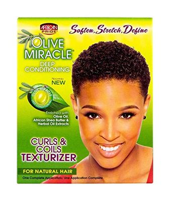 African Pride Olive Miracle Curls Coils Texturizer - Contains Aloe Vera, Castor Oil Biotin to Condition Define Hair, Protect, 1 Kit