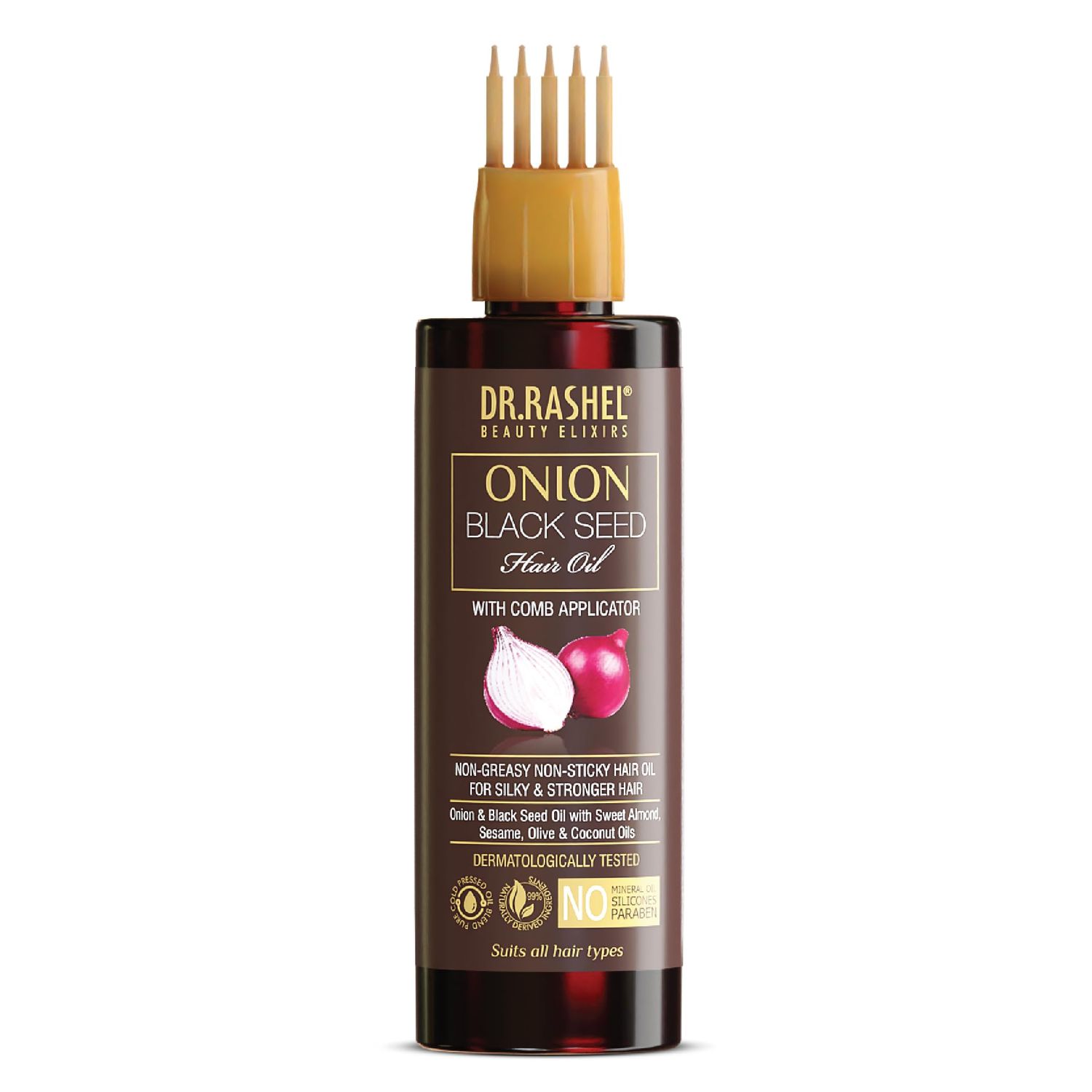 DR.RASHEL Onion Oil - Black Seed Onion Hair Oil With Comb Applicator - Controls Hair Fall - No Mineral Oil, Silicones Paraben - 100ml 3.38 Fl Oz
