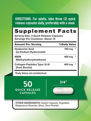 Nature's Truth Hyaluronic Acid with Collagen MSM 900mg 50 Capsules Non-GMO Gluten Free Supplement