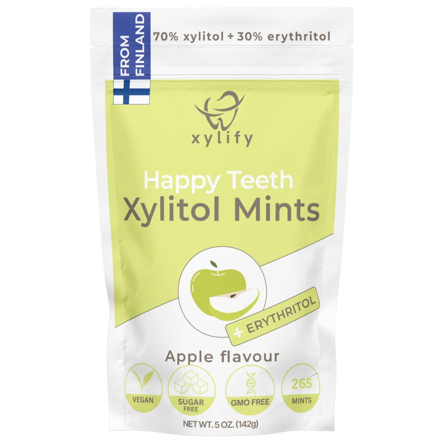 Xylitol Mints for Oral Care - Apple flavor, with Xylitol and Erythritol, Sugar Free Candy, Happy Teeth dental mints from Finland, 5 oz - 265 mints