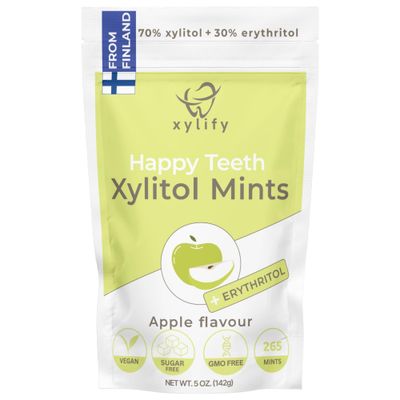 Xylitol Mints for Oral Care - Apple flavor, with Xylitol and Erythritol, Sugar Free Candy, Happy Teeth dental mints from Finland, 5 oz - 265 mints