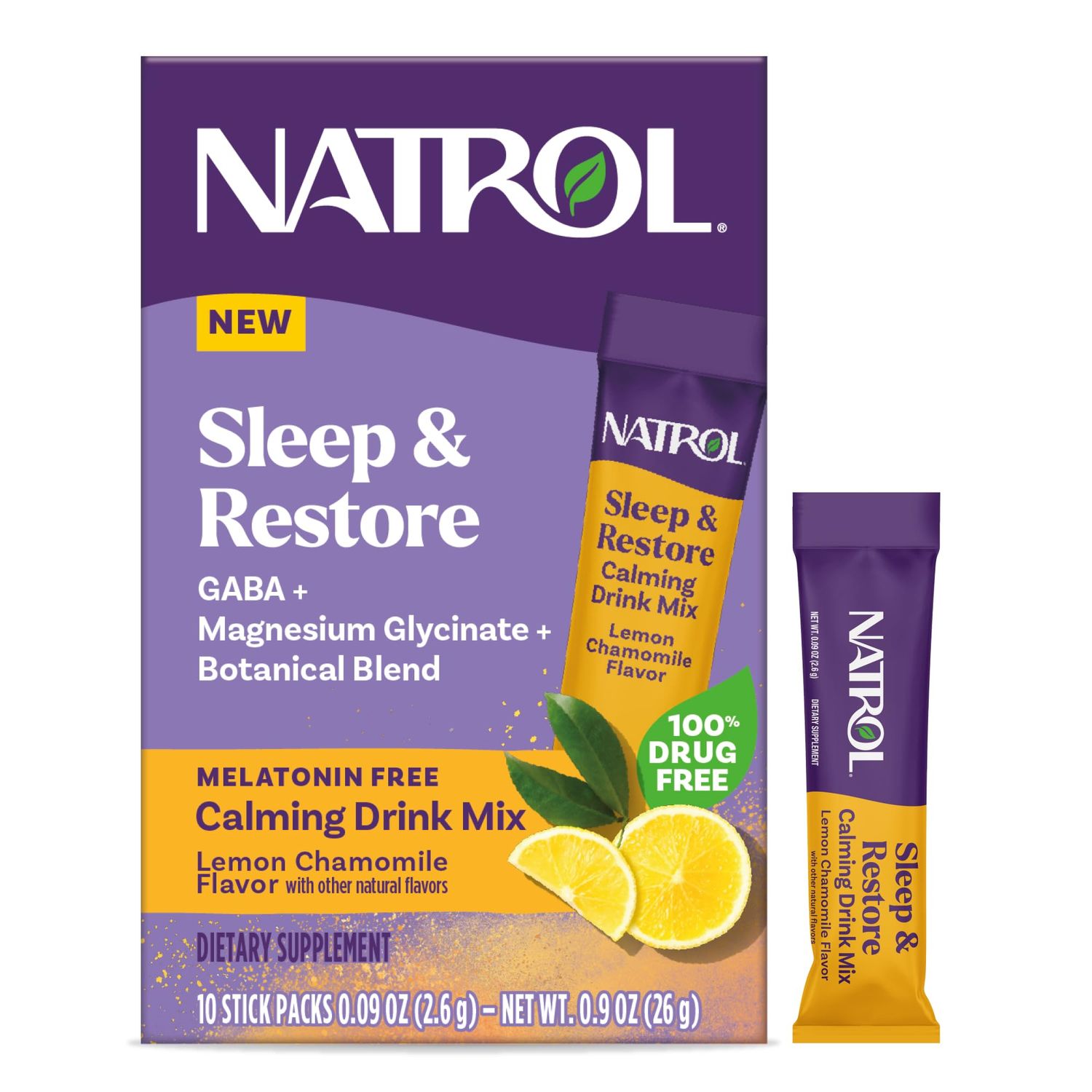 Natrol Sleep Restore Calming Drink Mix with Magnesium Glycinate, Magnesium Sleep Aid, Melatonin-Free, Lemon Chamomile, 10 Stick Packs