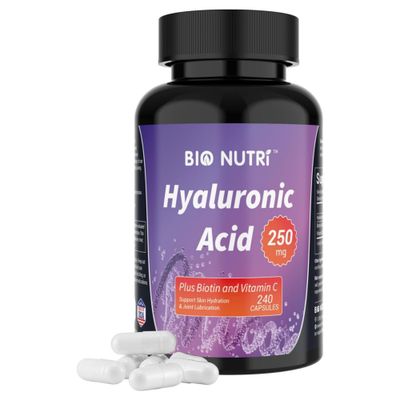 BIO NUTRI Hyaluronic Acid Supplements 250mg240 Capsuleswith Biotin 5000mcg Vitamin C 25mg - Skin, Hair Joint 3 in1 Support