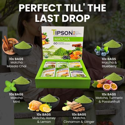Tipson Organic Matcha Variety Sampler - 6 Flavors (60 Tea Bags), Herbal Tea Infusions - USDA Organic, Non GMO, and Gluten Free