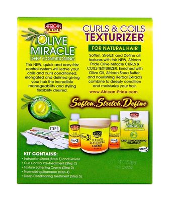 African Pride Olive Miracle Curls Coils Texturizer - Contains Aloe Vera, Castor Oil Biotin to Condition Define Hair, Protect, 1 Kit