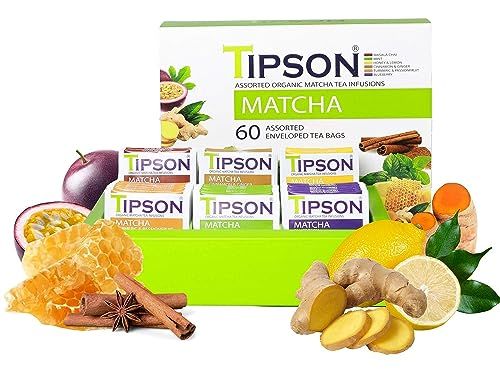 Tipson Organic Matcha Variety Sampler - 6 Flavors (60 Tea Bags), Herbal Tea Infusions - USDA Organic, Non GMO, and Gluten Free