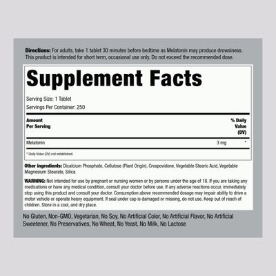 Piping Rock Melatonin 3mg 250 Tablets Adult Support Supplement for Men and Women Vegetarian, Non-GMO, Gluten Free