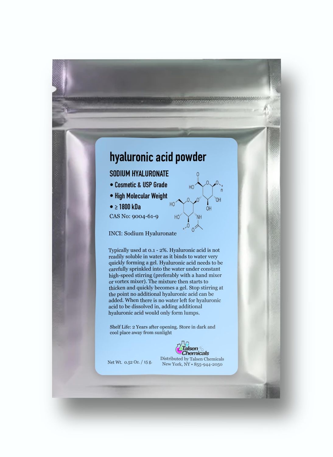 Talsen Chemicals Hyaluronic Acid Powder (0.52 oz. 15 grams) 1800 kDa Pure Hyaluronic Acid Powder For Skin Cosmetic Grade, Hyaluronic Acid High Molecular Weight Powder, DIY Hyaluronic Acid Serums