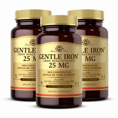 Solgar Gentle Iron (Iron Bisglycinate) 25 mg - 180 Vegetable Capsules, Pack of 3 - Non-Constipating, Gentle on Your Stomach - Non-GMO, Gluten Free - 540 Total Servings