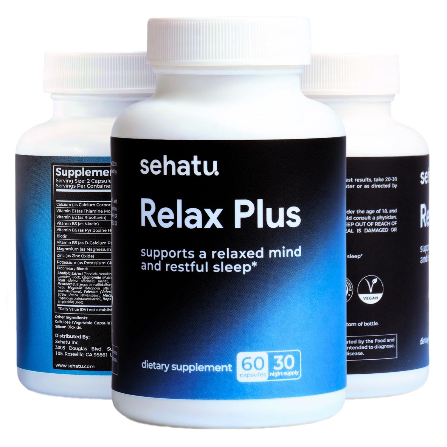 SEHATU Relax Plus Stress Relief Supplement with GABA, L-Theanine, Ashwagandha, Valerian Root Supports A Relaxed Mood and Restful Sleep 60 Count 30 Day Supply