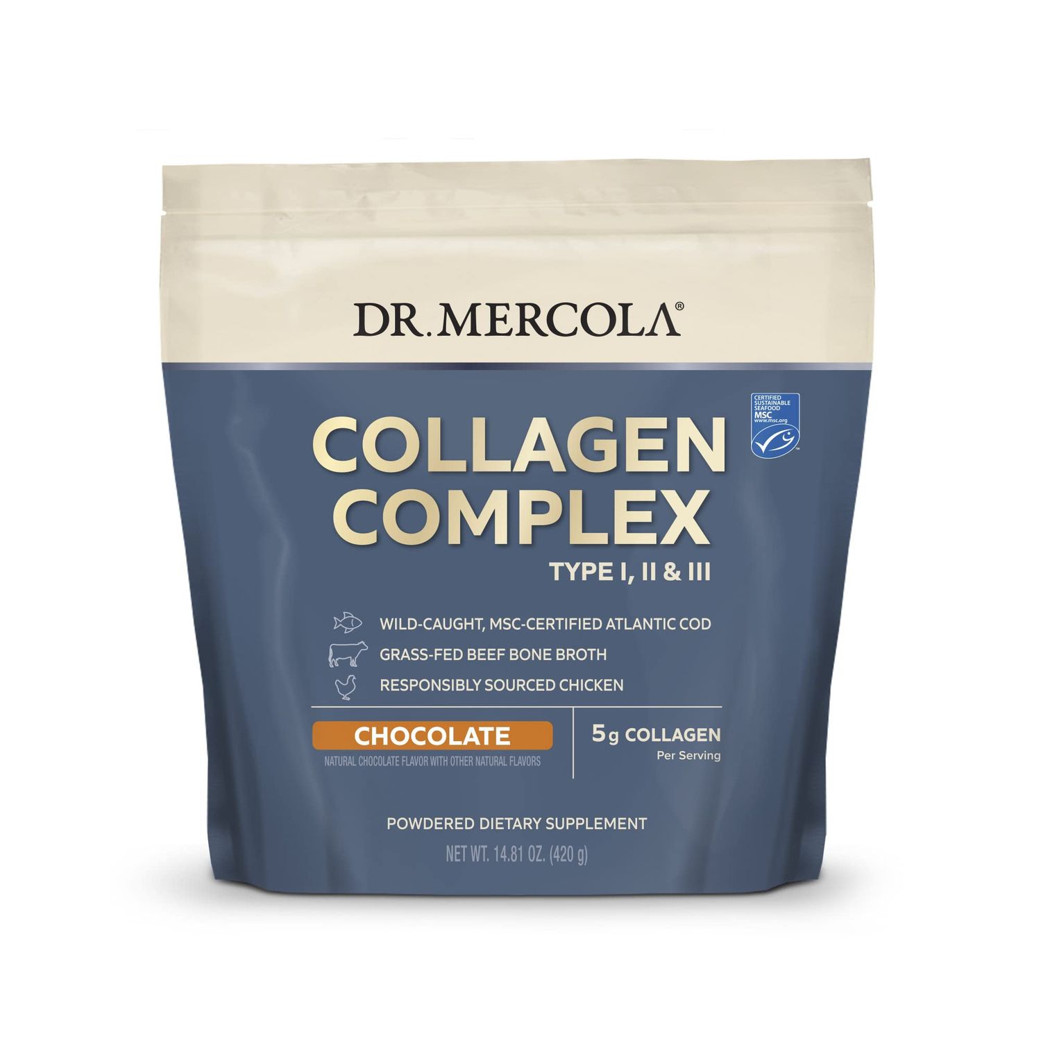 Dr. Mercola Collagen Complex Powder, Chocolate Flavor, 30 Servings, Powdered Dietary Supplement, Supports Youthful-Looking Skin, Non-GMO, MSC Certified