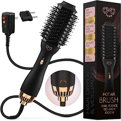Professional Dual Voltage Blowout Hair Dryer Brush for European Travel 110V-120V220V-240V, Black Gold Dryer and Volumizer, Hot Air Brush for Women, 2.4 INCHES Oval Shape