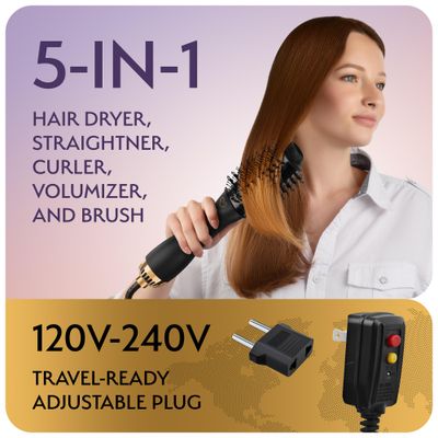 Professional Dual Voltage Blowout Hair Dryer Brush for European Travel 110V-120V220V-240V, Black Gold Dryer and Volumizer, Hot Air Brush for Women, 2.4 INCHES Oval Shape