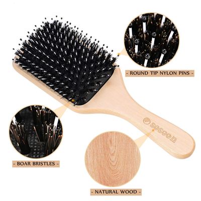 Hair Brush, Sosoon Boar Bristle Paddle Hairbrush for Long Short Thick Thin Curly Straight Wavy Dry Hair for Men Women Kids, No More Tangle, Giftbox Tail Comb Included