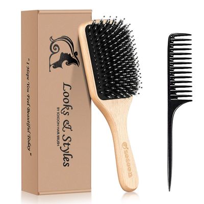 Hair Brush, Sosoon Boar Bristle Paddle Hairbrush for Long Short Thick Thin Curly Straight Wavy Dry Hair for Men Women Kids, No More Tangle, Giftbox Tail Comb Included