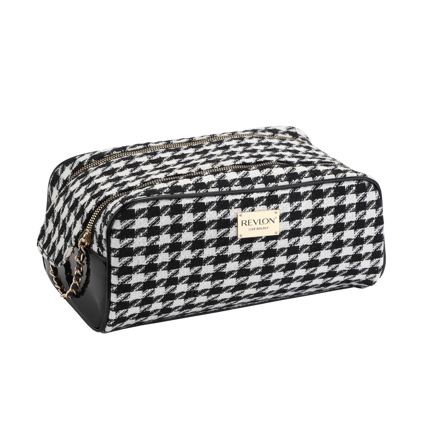 REVLON Tweed Makeup Bag - Small Makeup Pouch, Dual Zipper with Chain Makeup Case, Travel Makeup Organizer, Cosmetic Bag, Mini Makeup Case with Pockets, Toiletry Bag with Vinyl Base, Onyx