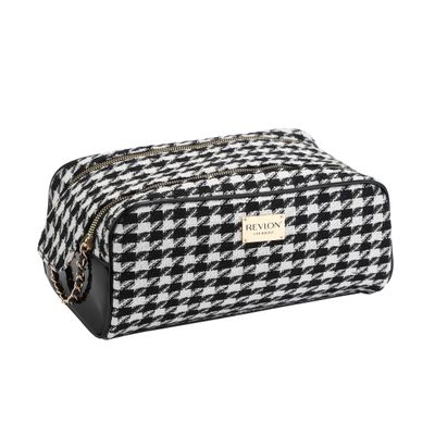 REVLON Tweed Makeup Bag - Small Makeup Pouch, Dual Zipper with Chain Makeup Case, Travel Makeup Organizer, Cosmetic Bag, Mini Makeup Case with Pockets, Toiletry Bag with Vinyl Base, Onyx