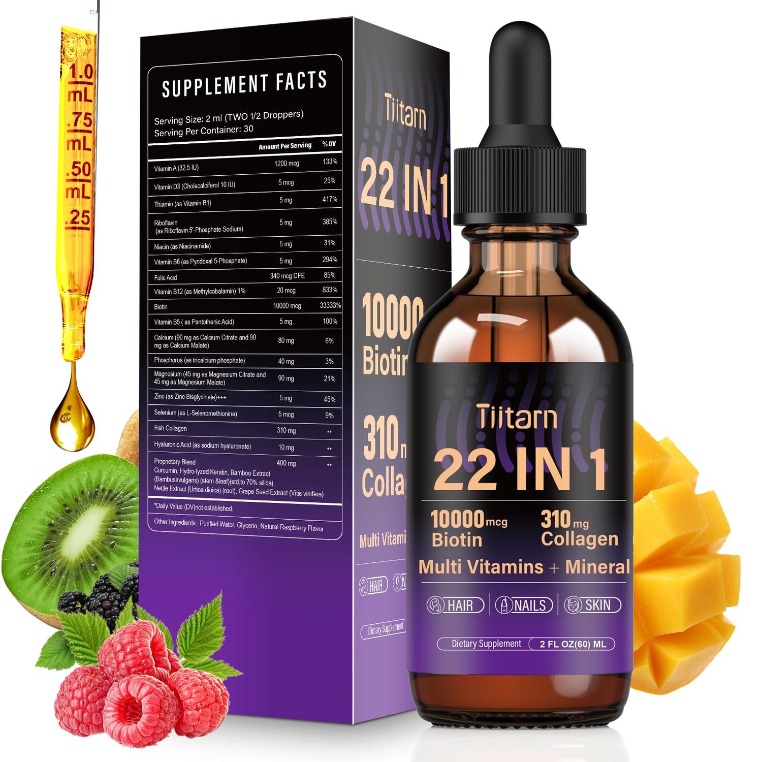 Liquid Collagen, Biotin Hyaluronic Acid - Hair Growth Vitamins and Mineral Supplements for Women and Men Supports Hair, Skin Nails Vitamin B Complex-60ML