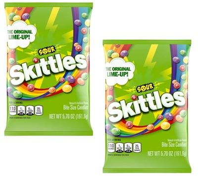 Skittle Sours Candy - Pack of 2 - Sour Outside and Sweet Inside - Bite Size Candy - Perfect for Sharing - Strawberry, Grape, Orange, Lemon, and Lime