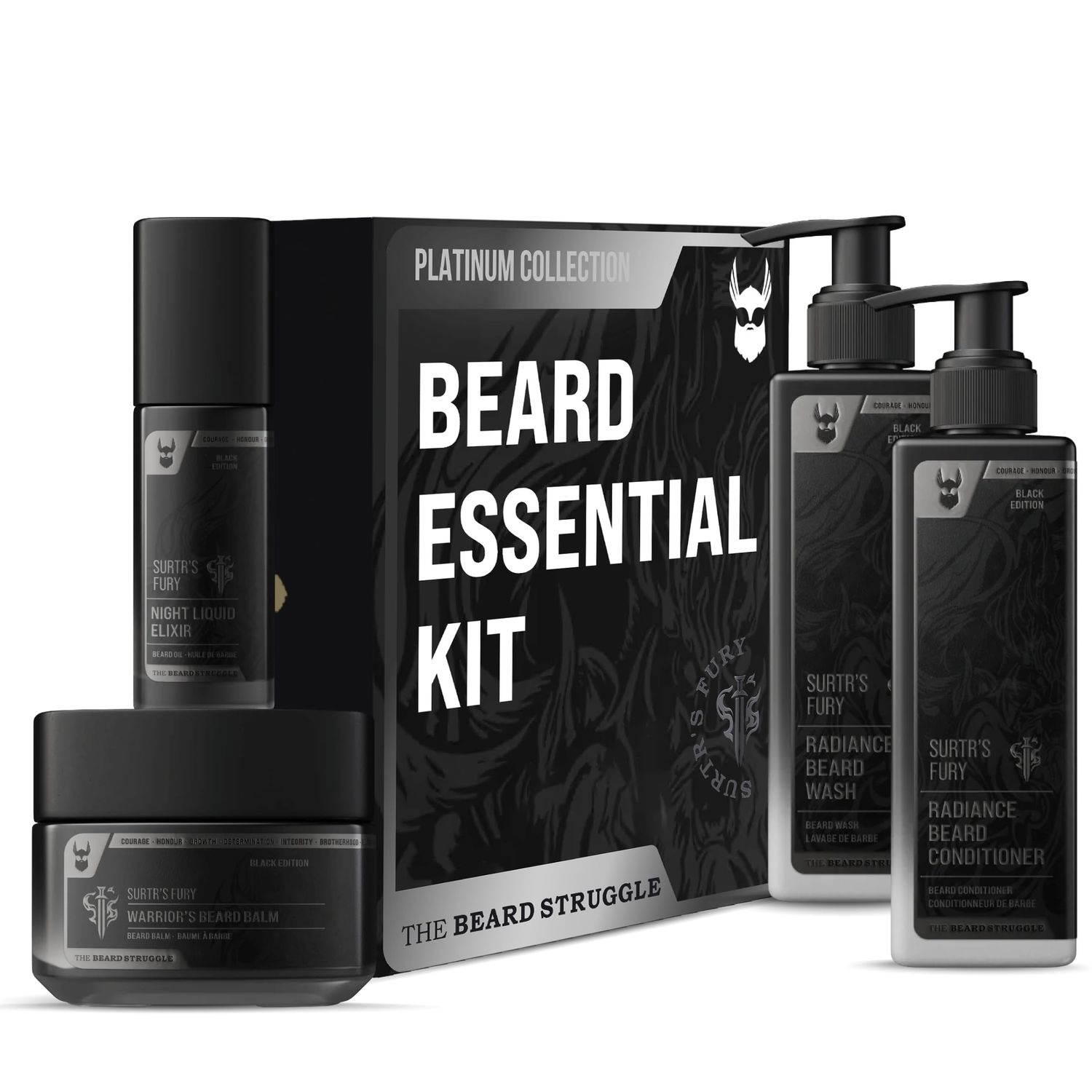 The Beard Growth Kit - Essential Grooming Set with Balm, Oil, Wash Conditioner for Men - Surtr&#39;s Fury Platinum Collection