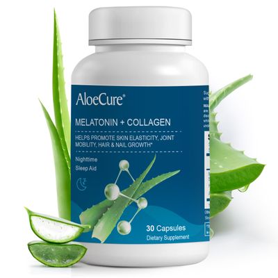 AloeCure Natural Melatonin Collagen with Organic Aloe Vera - Natural Sleep Aid Supplement for Restful Nights - Collagen Complex for Joint Strength, Skin Elasticity, Hair Nail Growth, 30 Capsules