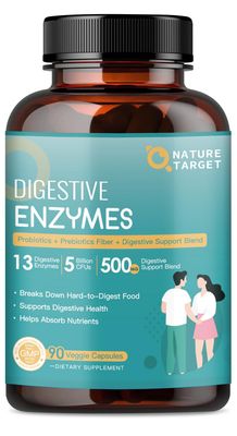 NATURE TARGET Digestive Enzymes for Women-Men for Digestion with Probiotics Prebiotics for Gut Health Immune Support, Help Protein, Carb, Fiber, Dairy Digestion, 90 Veggie Capsules