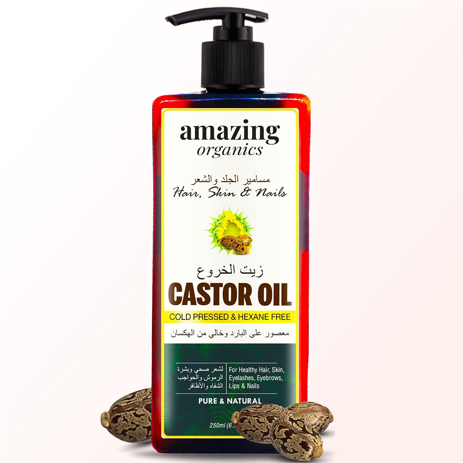 AmazingOrganics Castor Oil Pure Unrefined for Hair, Skin, Eyelashes Nails 250 ml