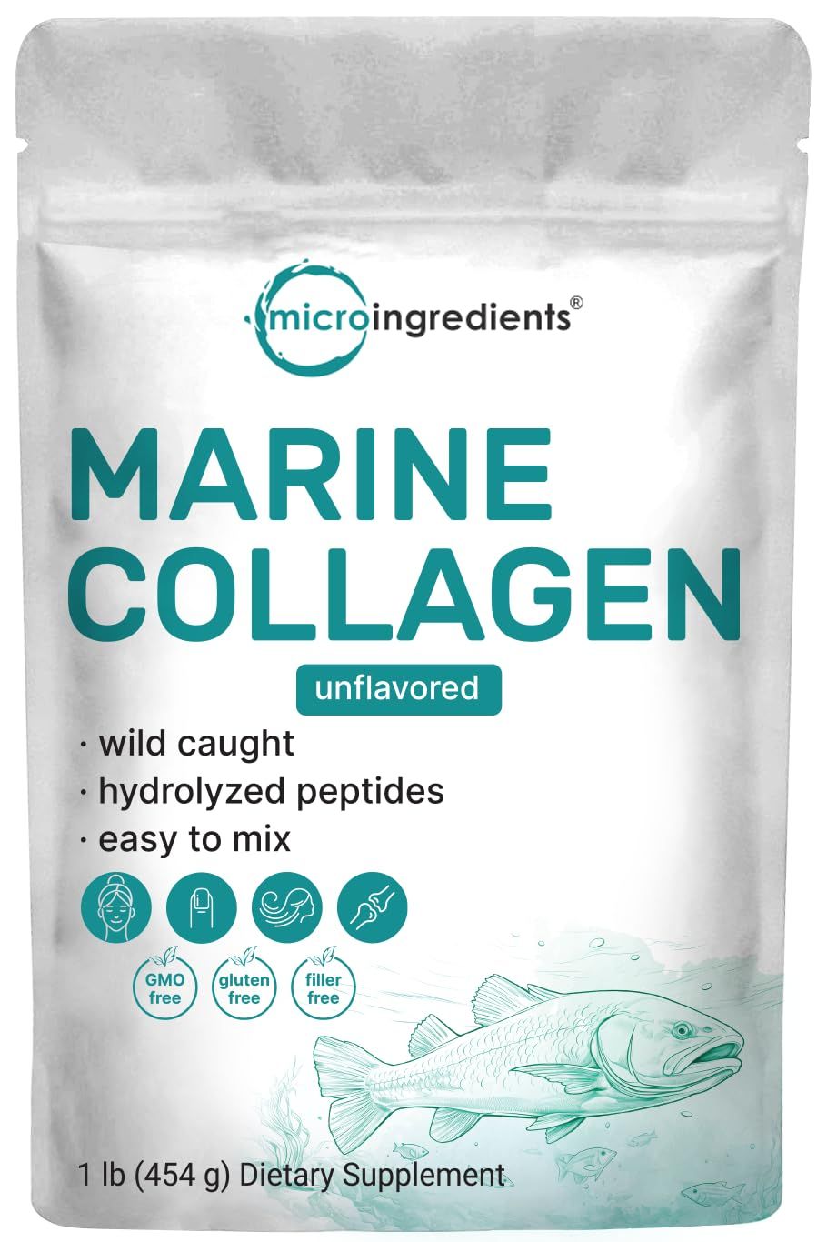 Micro Ingredients Marine Collagen Peptides, 1lb (37 Servings) Wild Caught Fish Source Hydrolyzed Peptides for High Absorption Unflavored, Keto Pescatarian Friendly Easy to Mix, Non-GMO