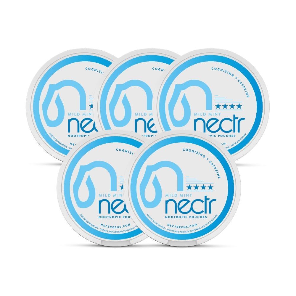Nectr Nootropic Energy Pouches, Focus Energy, Mild Mint, Cognizin 62.5 mg, Caffeine 30 mg, 16 Pouches, Neuro Support, Sugar Free, 5 Packs of Cans