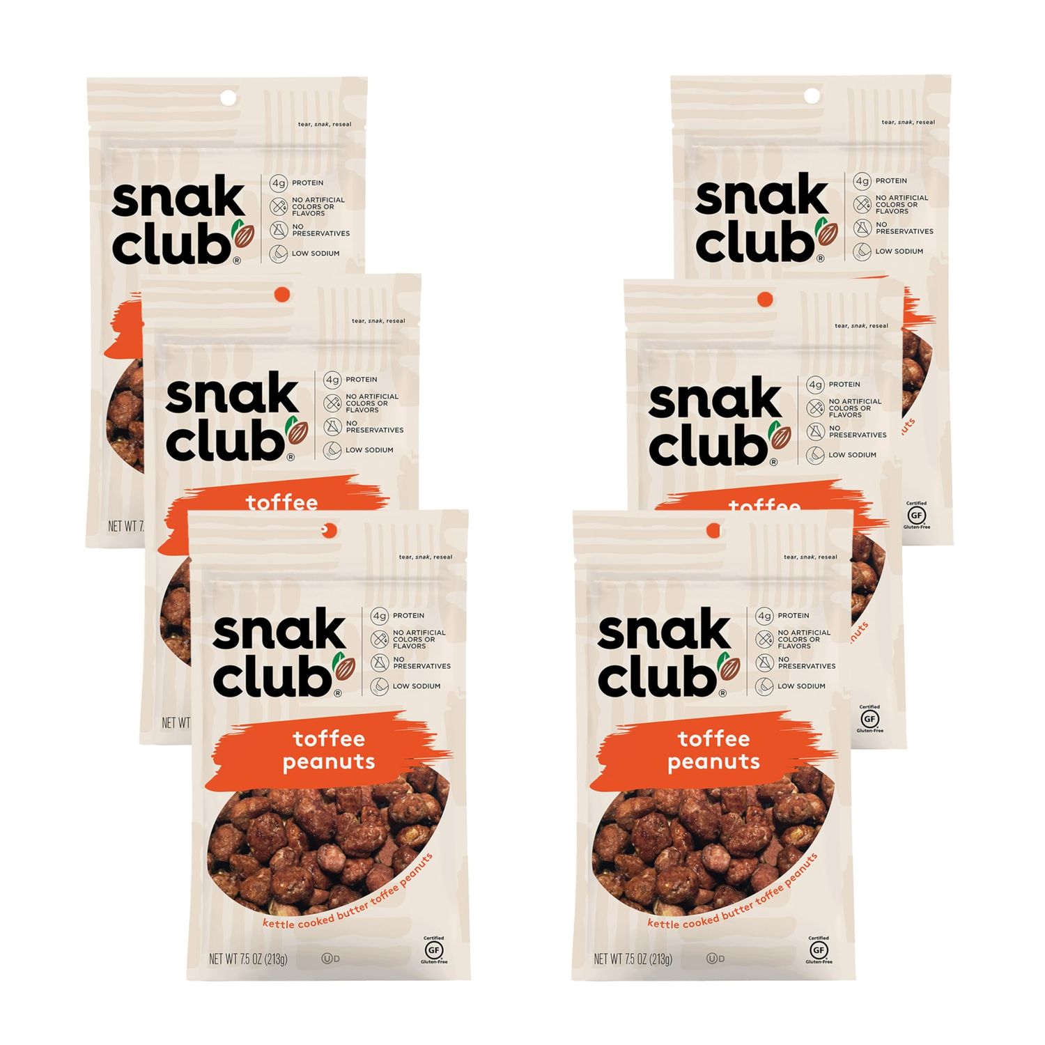Snak Club Toffee Peanuts, Candied Peanuts with Praline Coat and Sweet Cream, Gluten-Free and Kosher Snack, 7.5 oz Resealable Bags, 6 Pack