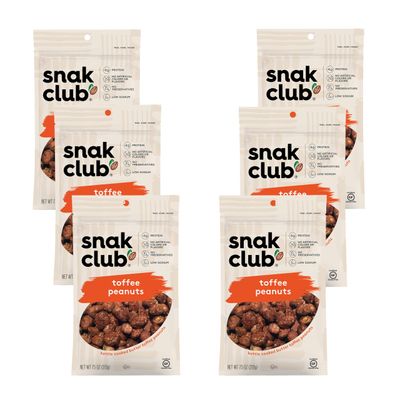 Snak Club Toffee Peanuts, Candied Peanuts with Praline Coat and Sweet Cream, Gluten-Free and Kosher Snack, 7.5 oz Resealable Bags, 6 Pack