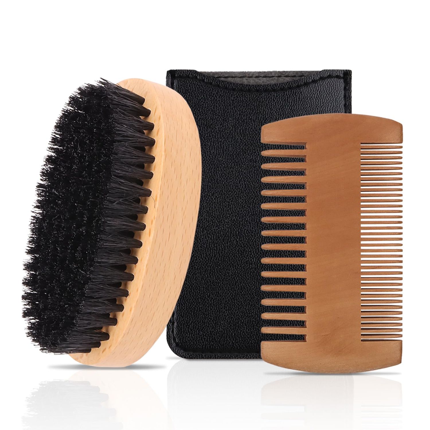 Men&#39;s Beard Brush Kit with Pearwood Comb and Boar Bristle Beard Brush, Beard Grooming Tools for Home and Barbershop